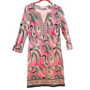 Crown Ivy Pink Green Paisley V-Neck 3/4 Sleeve Tunic‎ Dress Size S